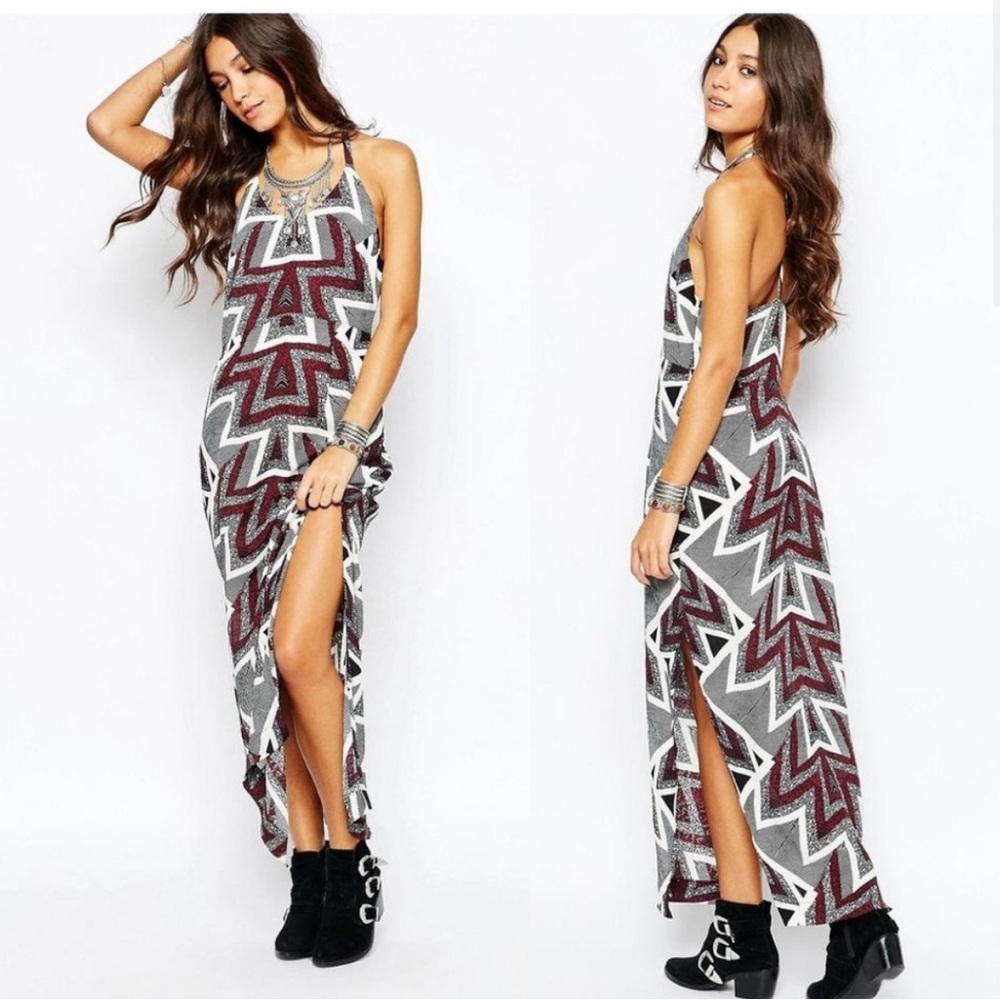Free People Serves You Right Aztec Printed Maxi Dress in Black Combo EUC Size 6